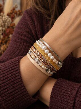Vegan Leather Multi Strand Wrap Bracelet Cream Gold Faux Pearl Magnetic 7.5"